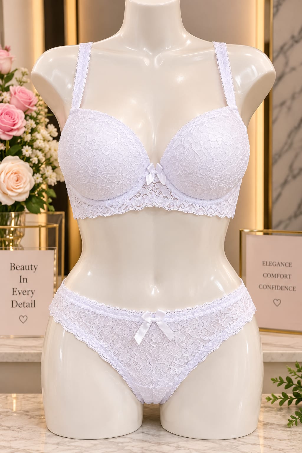 Liora Luxury Floral Lace Bra & Panty Set – Pure White