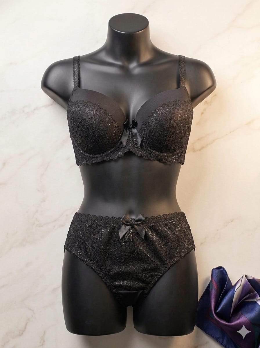 Liora Collection Elegant Black Lace Bra and Panty Set