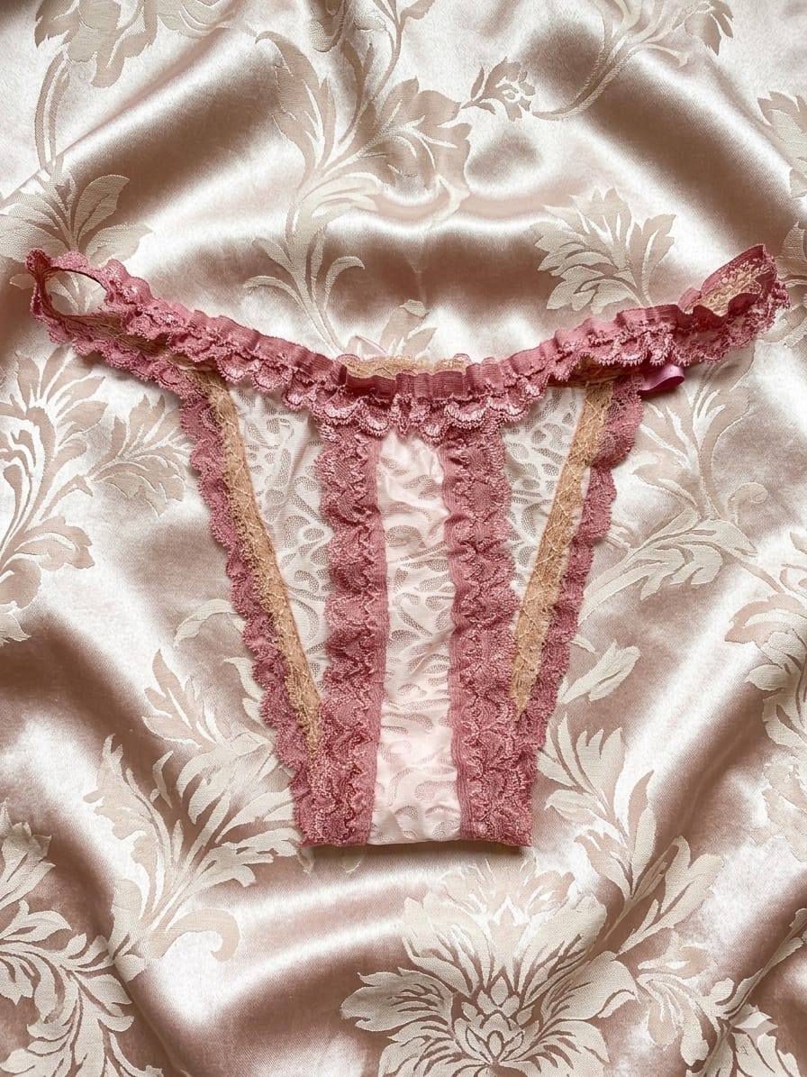 Liora Vintage Lace Ruffle Thong – Dusty Rose & Cream