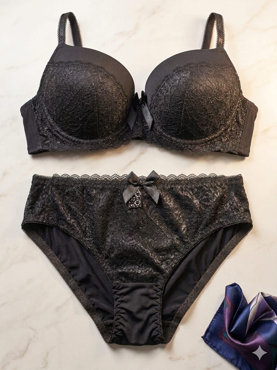 Liora Collection Elegant Black Lace Bra and Panty Set