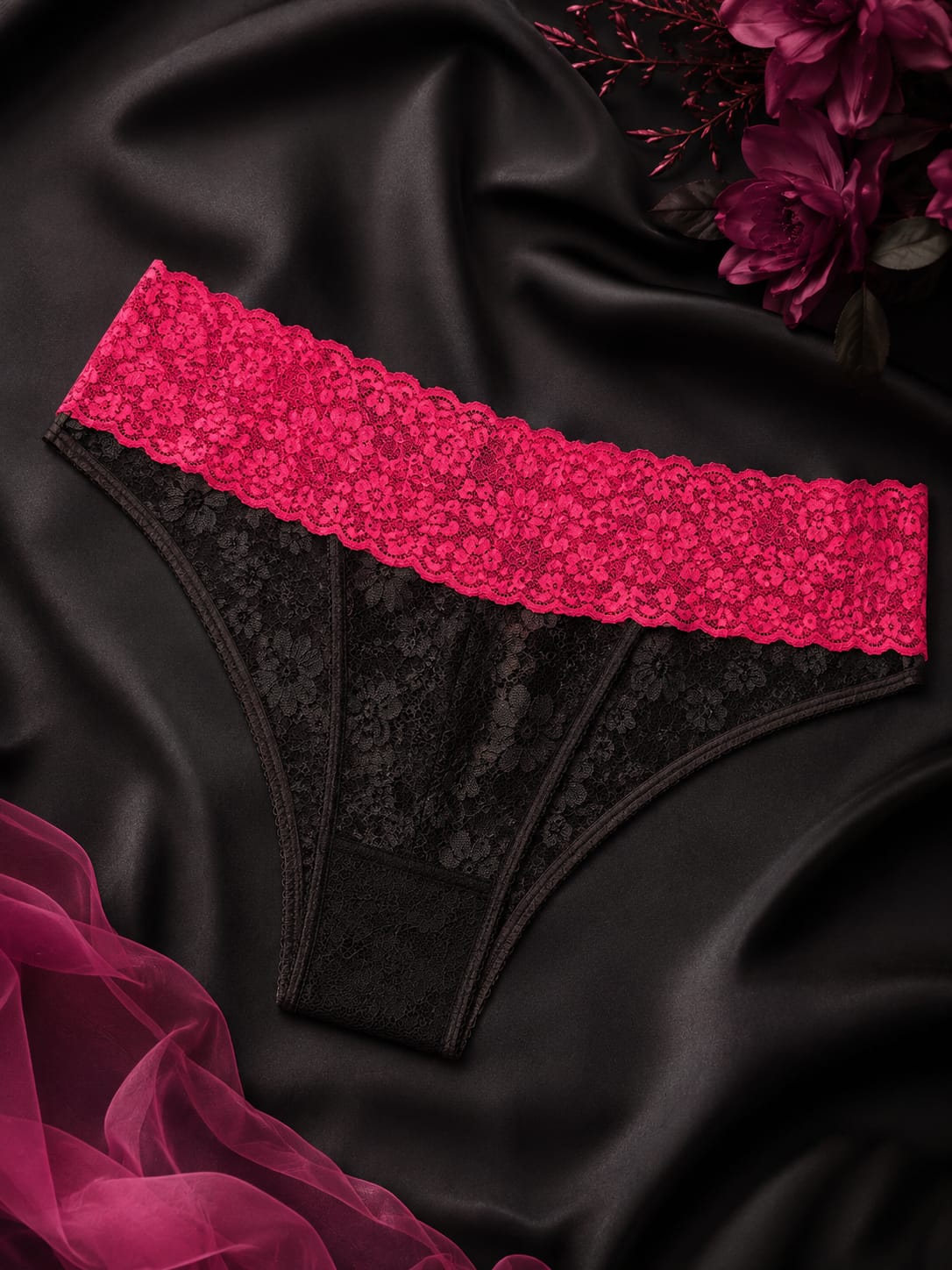 Liora Midnight Seduction Ruffled Lace Thong – Black & Crimson Red