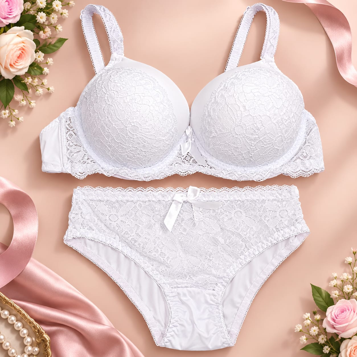 Liora Luxury Floral Lace Bra & Panty Set – Pure White