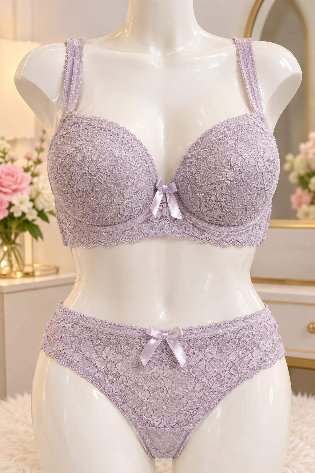 Liora Luxury Floral Lace Bra & Panty Set – Soft Lavender