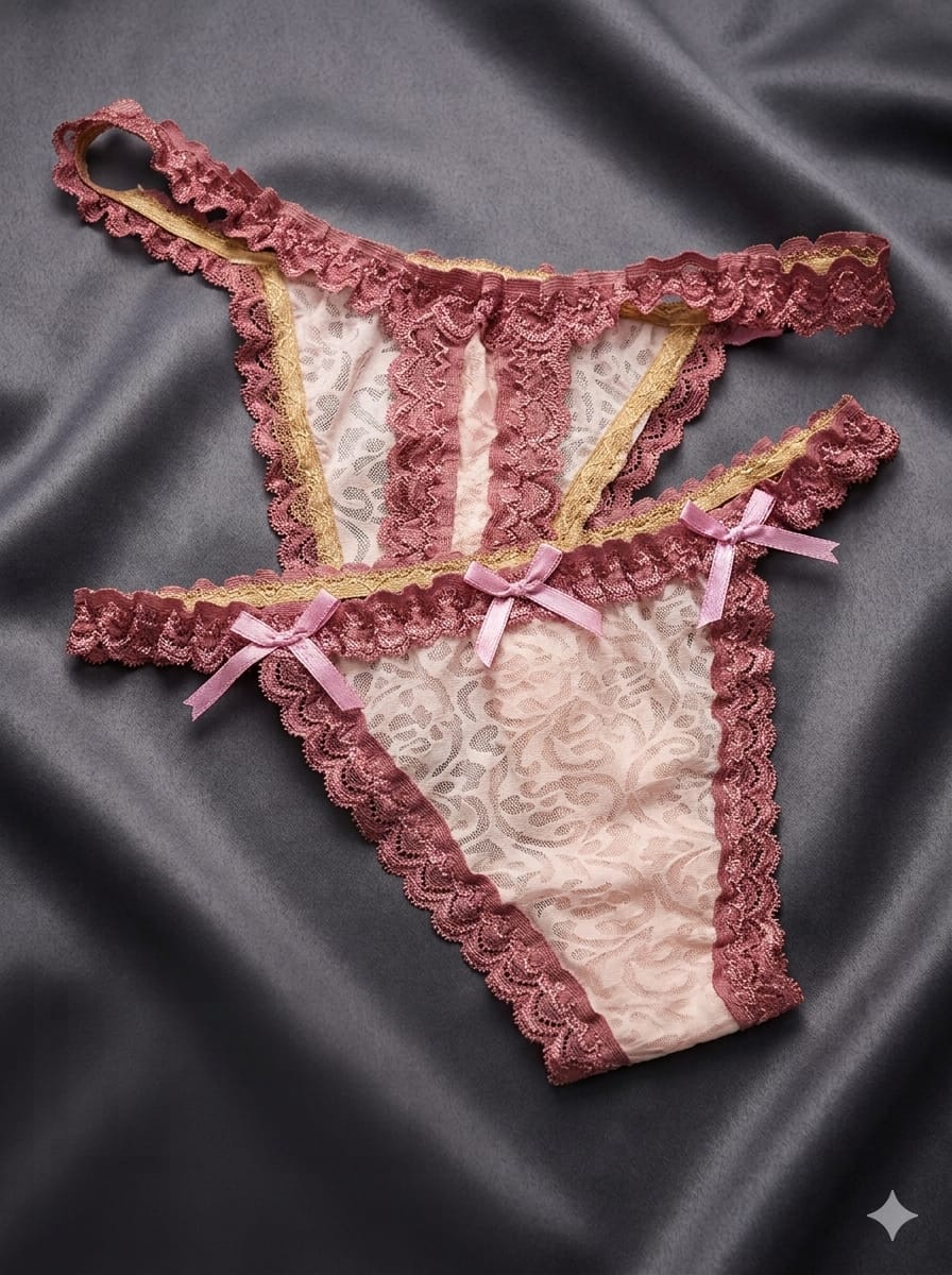 Liora Vintage Lace Ruffle Thong – Dusty Rose & Cream
