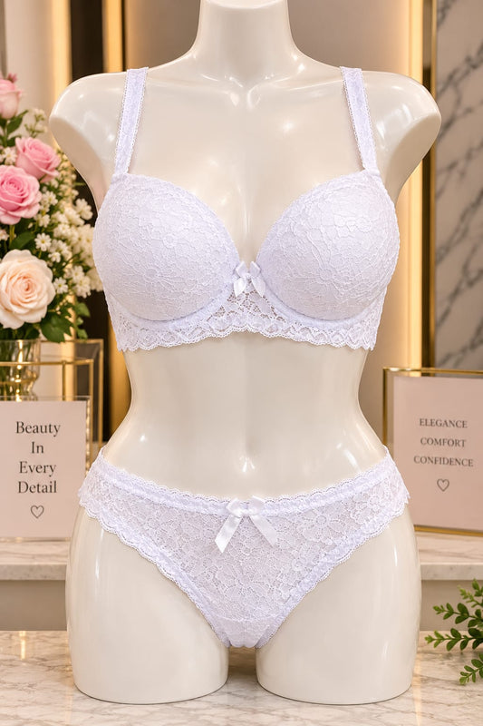 Liora Luxury Floral Lace Bra & Panty Set – Pure White