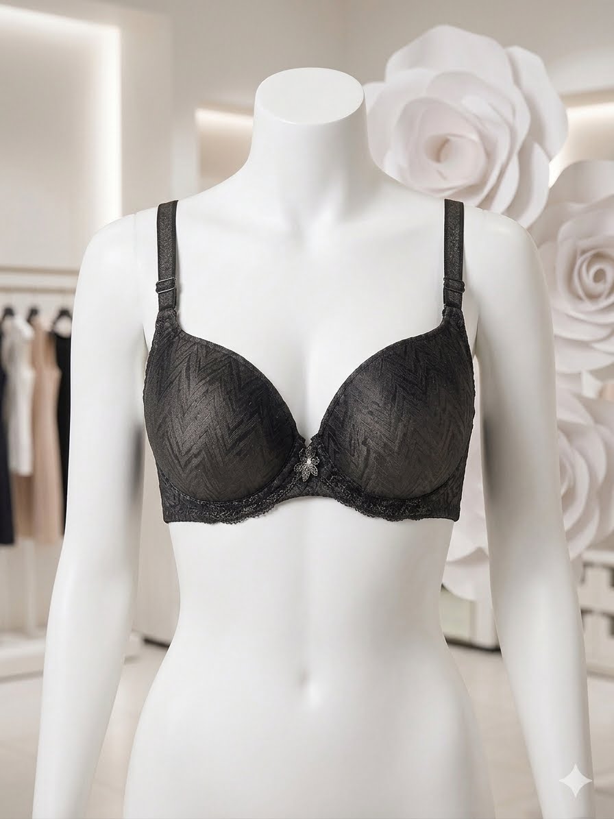 Padded Bra with Elegant Chevron Pattern - Black