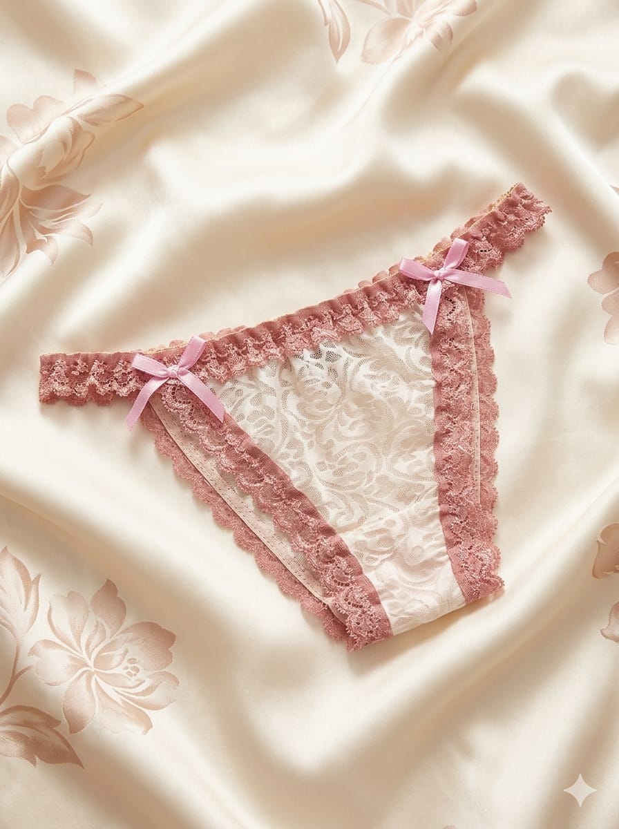 Liora Vintage Lace Ruffle Thong – Dusty Rose & Cream