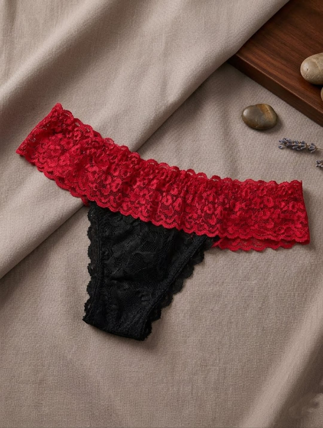 Liora Midnight Seduction Ruffled Lace Thong – Black & Crimson Red
