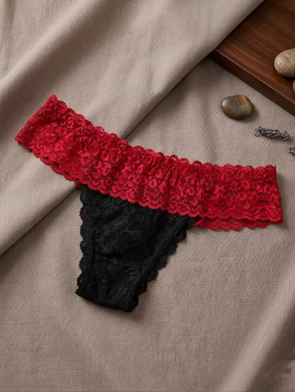 Liora Midnight Seduction Ruffled Lace Thong – Black & Crimson Red