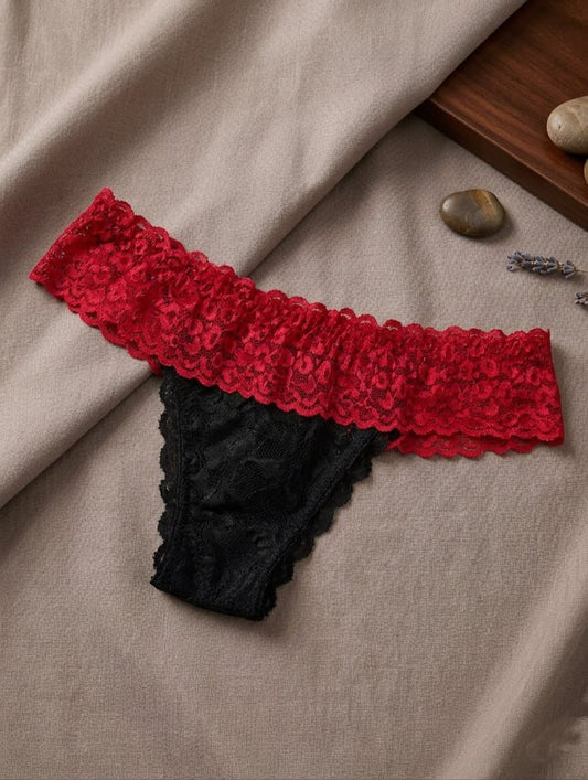 Liora Midnight Seduction Ruffled Lace Thong – Black & Crimson Red